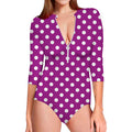 Purple And White Polka Dot Pattern Print Long Sleeve Swimsuit
