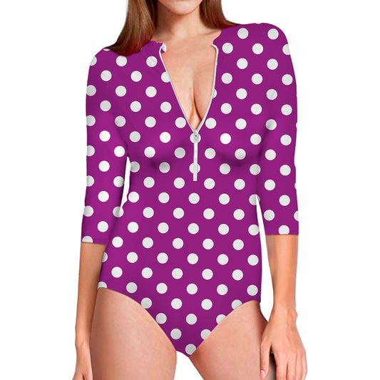 Purple And White Polka Dot Pattern Print Long Sleeve Swimsuit