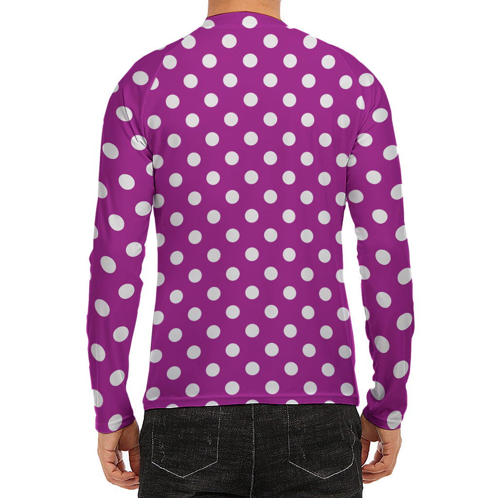 Purple And White Polka Dot Pattern Print Men's Long Sleeve Rash Guard
