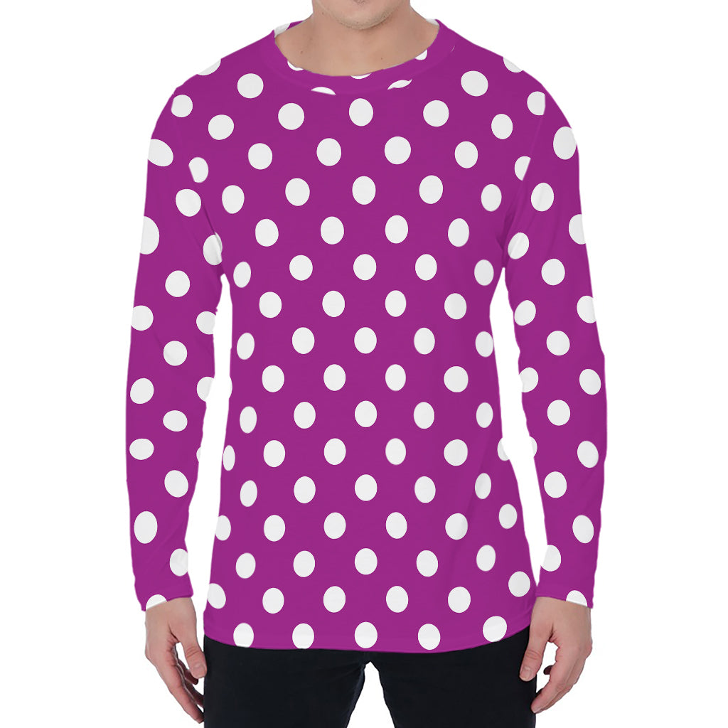 Purple And White Polka Dot Pattern Print Men's Long Sleeve T-Shirt