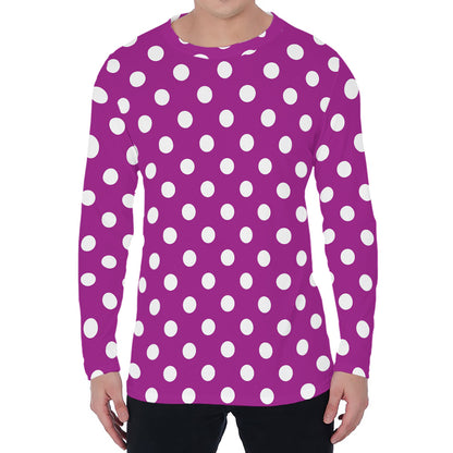 Purple And White Polka Dot Pattern Print Men's Long Sleeve T-Shirt