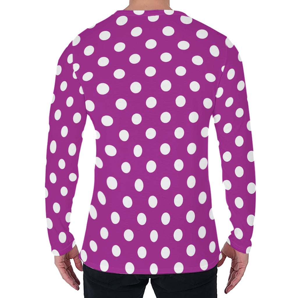 Purple And White Polka Dot Pattern Print Men's Long Sleeve T-Shirt