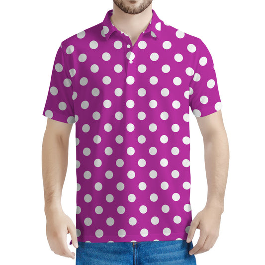 Purple And White Polka Dot Pattern Print Men's Polo Shirt