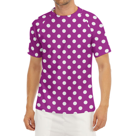 Purple And White Polka Dot Pattern Print Men's Short Sleeve Rash Guard