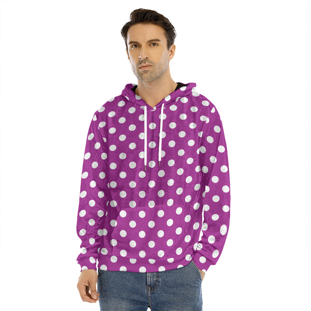 Purple And White Polka Dot Pattern Print Men's Velvet Pullover Hoodie