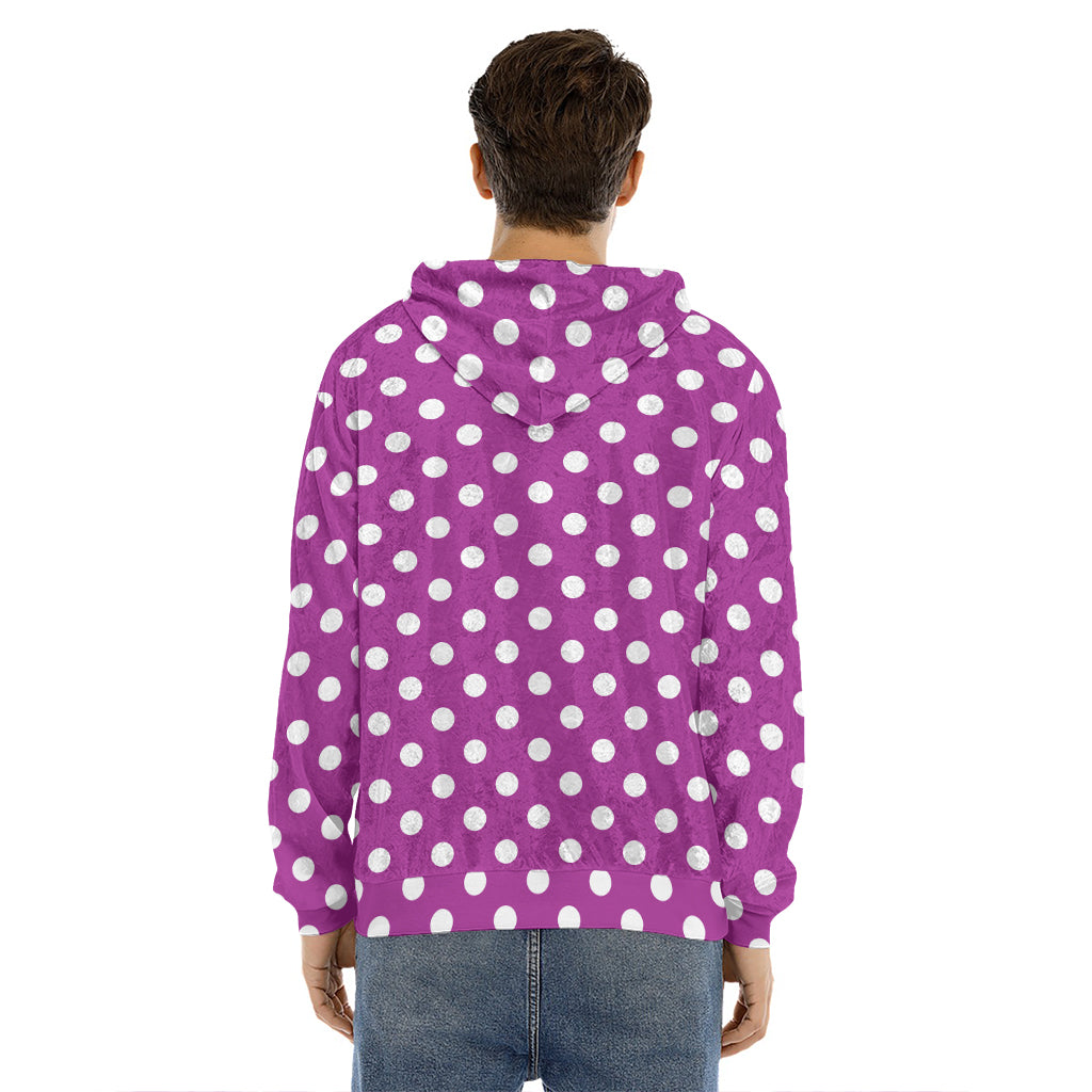 Purple And White Polka Dot Pattern Print Men's Velvet Pullover Hoodie