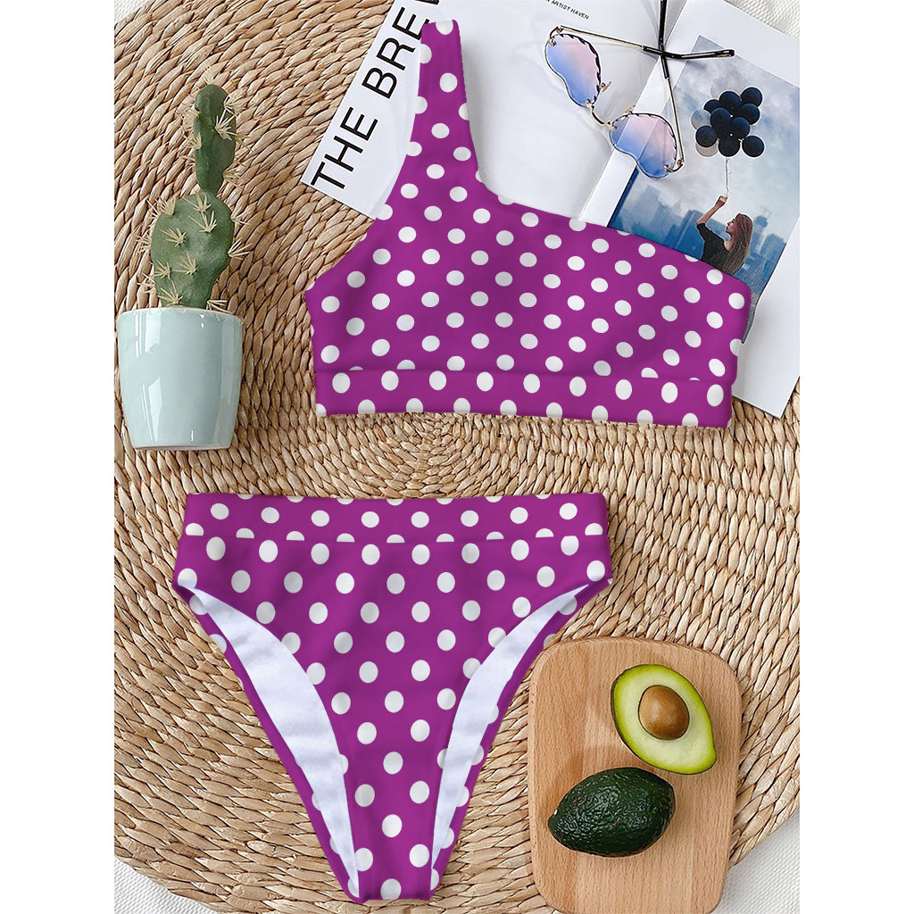 Purple And White Polka Dot Pattern Print One Shoulder Bikini Top