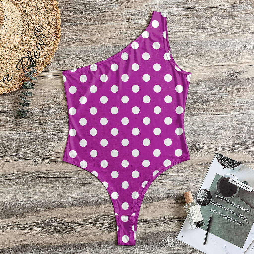 Purple And White Polka Dot Pattern Print One Shoulder Bodysuit