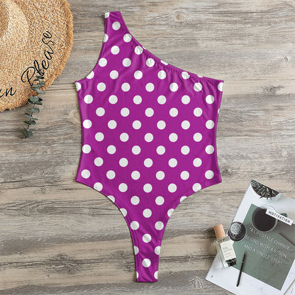 Purple And White Polka Dot Pattern Print One Shoulder Bodysuit