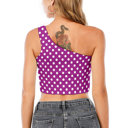 Purple And White Polka Dot Pattern Print One Shoulder Crop Top