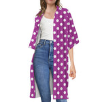 Purple And White Polka Dot Pattern Print Open Front Beach Cover Up