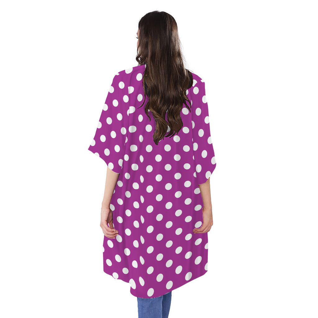 Purple And White Polka Dot Pattern Print Open Front Beach Cover Up