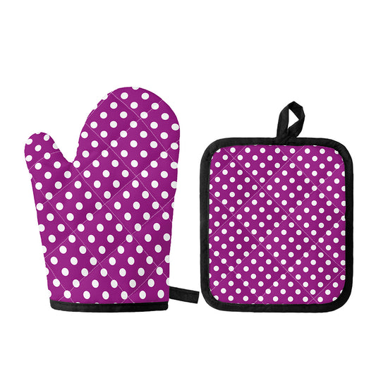Purple And White Polka Dot Pattern Print Oven Mitt And Pot Holder Set