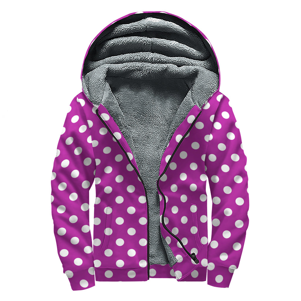 Purple And White Polka Dot Pattern Print Sherpa Lined Zip Up Hoodie
