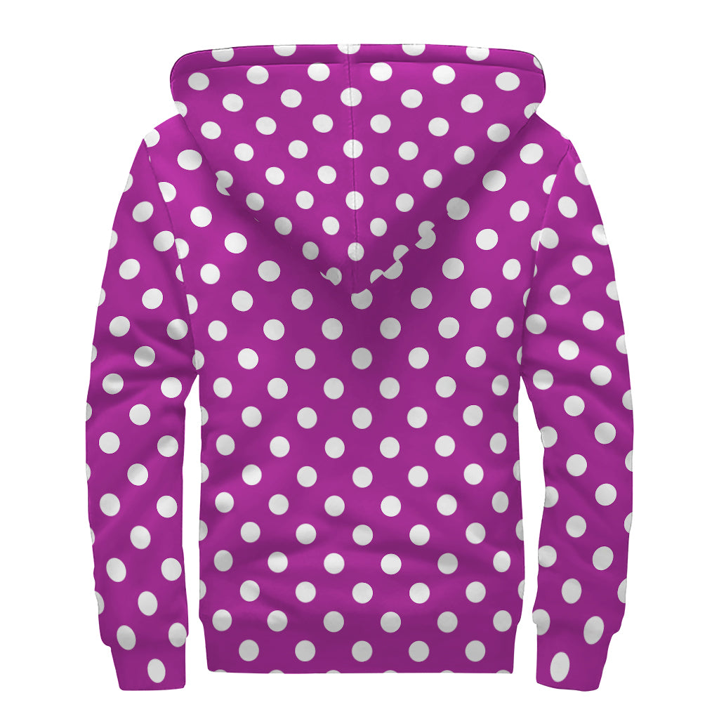 Purple And White Polka Dot Pattern Print Sherpa Lined Zip Up Hoodie