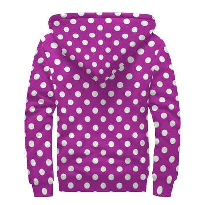 Purple And White Polka Dot Pattern Print Sherpa Lined Zip Up Hoodie