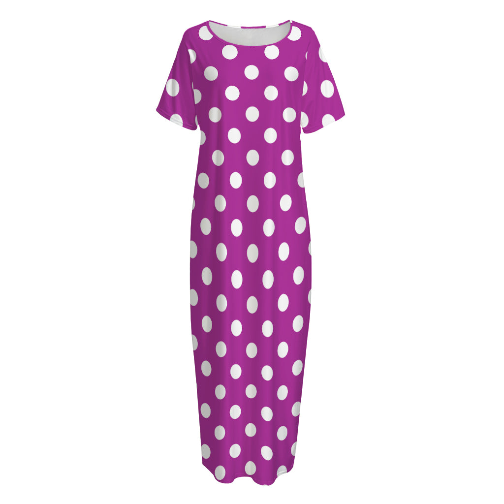 Purple And White Polka Dot Pattern Print Short Sleeve Long Nightdress