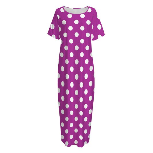 Purple And White Polka Dot Pattern Print Short Sleeve Long Nightdress