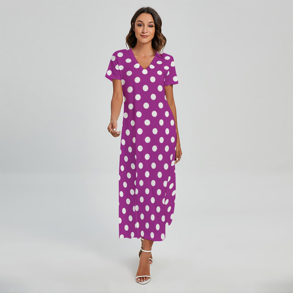 Purple And White Polka Dot Pattern Print Short Sleeve Maxi Dress