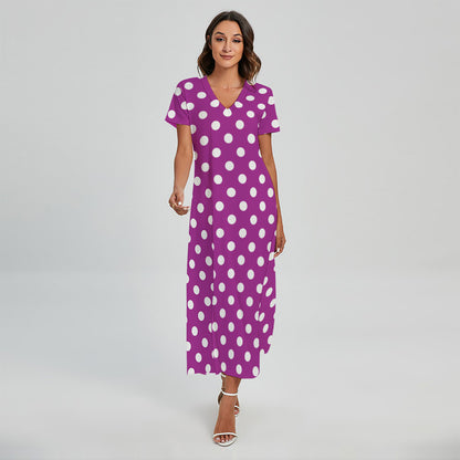 Purple And White Polka Dot Pattern Print Short Sleeve Maxi Dress