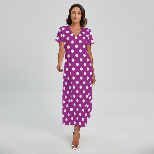 Purple And White Polka Dot Pattern Print Short Sleeve Maxi Dress