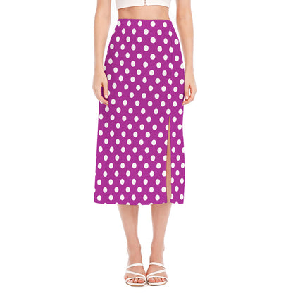 Purple And White Polka Dot Pattern Print Side Slit Midi Skirt