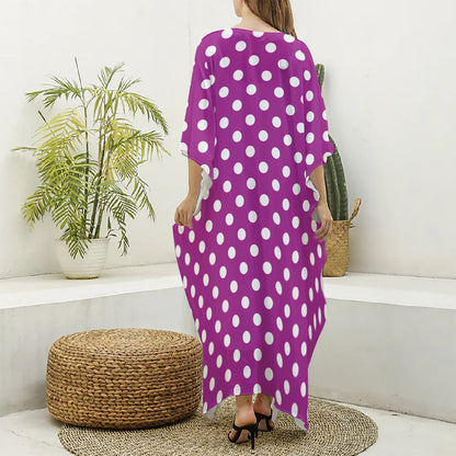 Purple And White Polka Dot Pattern Print Silk V-Neck Kaftan Dress