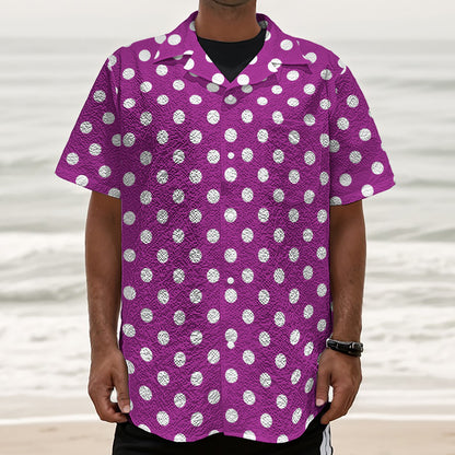 Purple And White Polka Dot Pattern Print Textured Short Sleeve Shirt