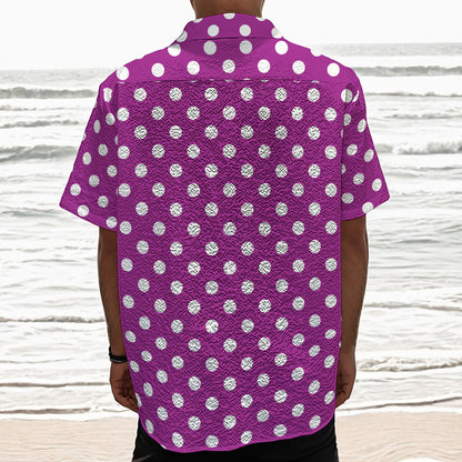 Purple And White Polka Dot Pattern Print Textured Short Sleeve Shirt