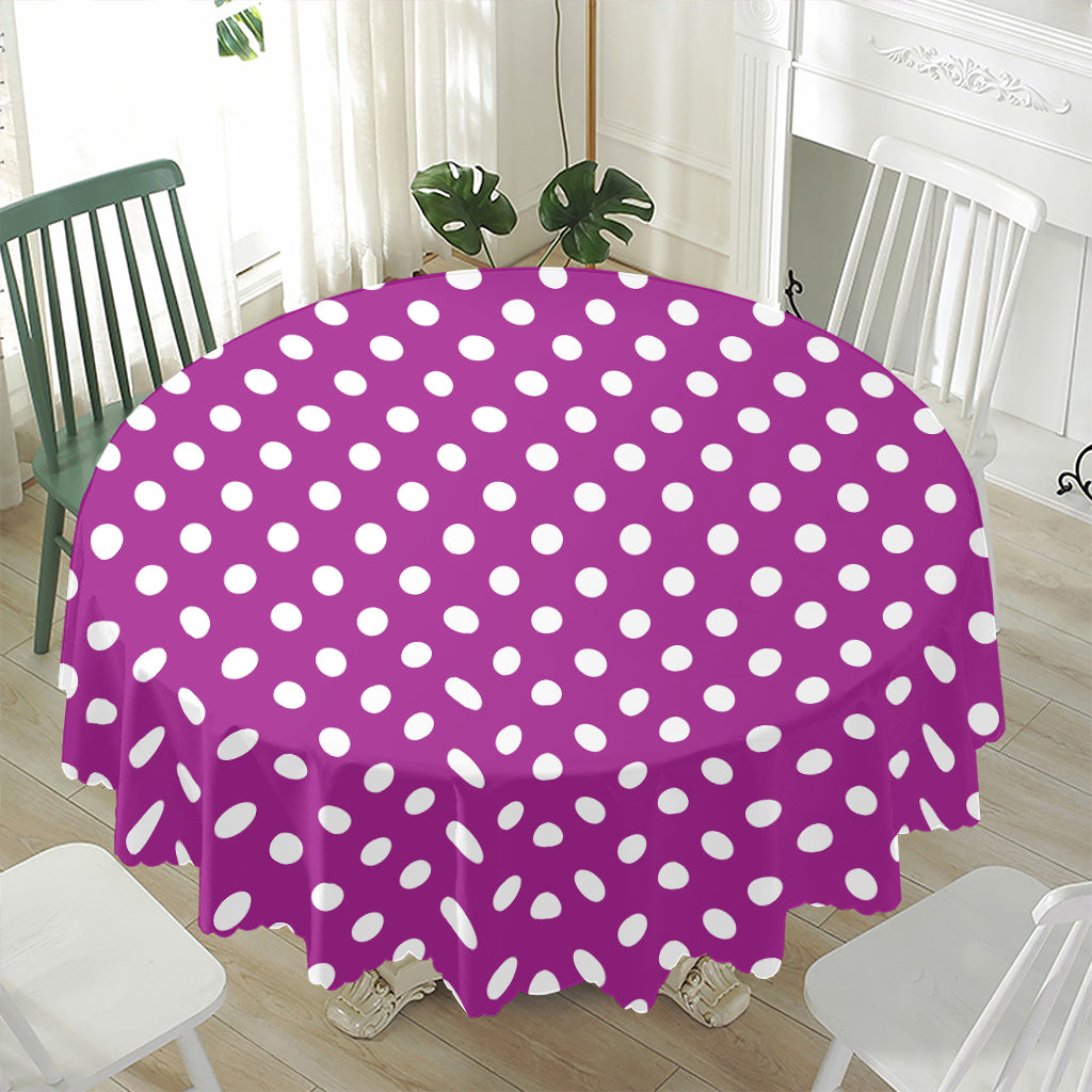 Purple And White Polka Dot Pattern Print Waterproof Round Tablecloth