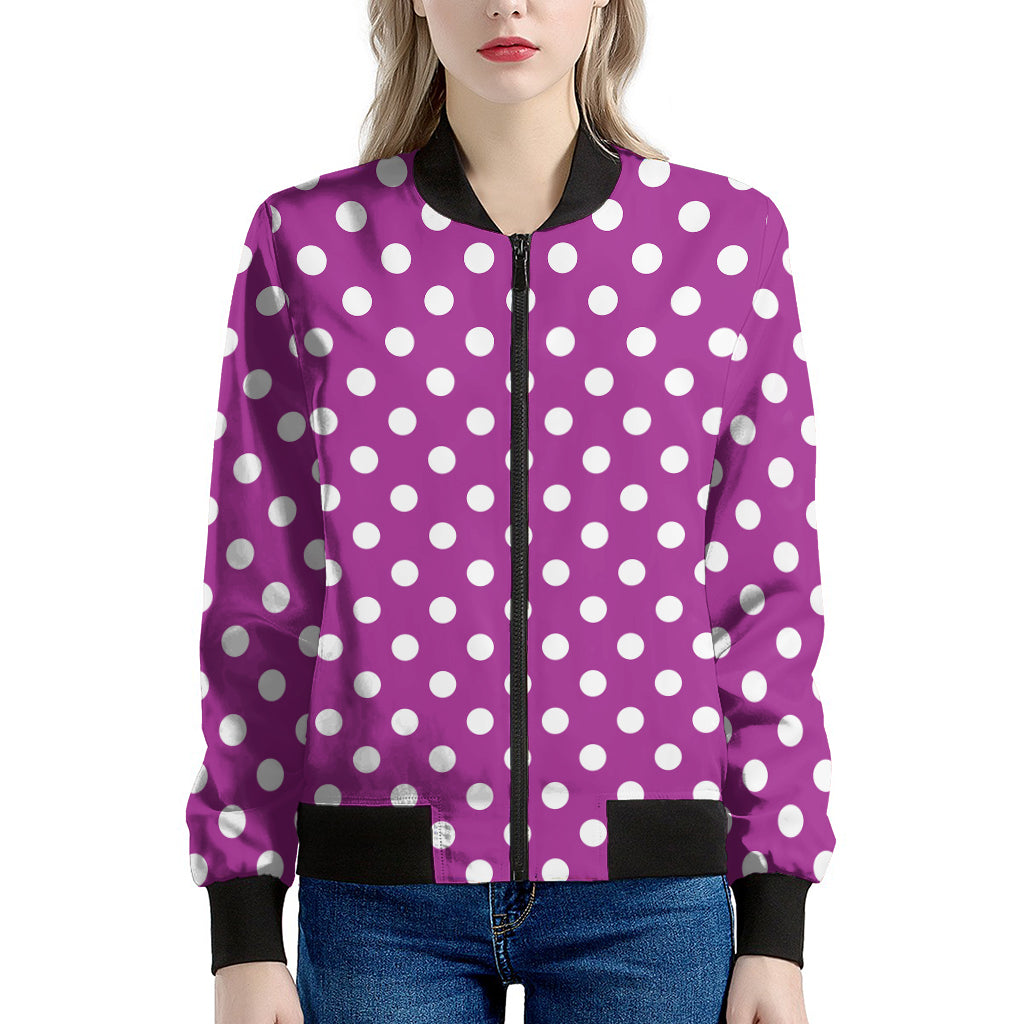 Purple And White Polka Dot Pattern Print Women's Bomber Jacket