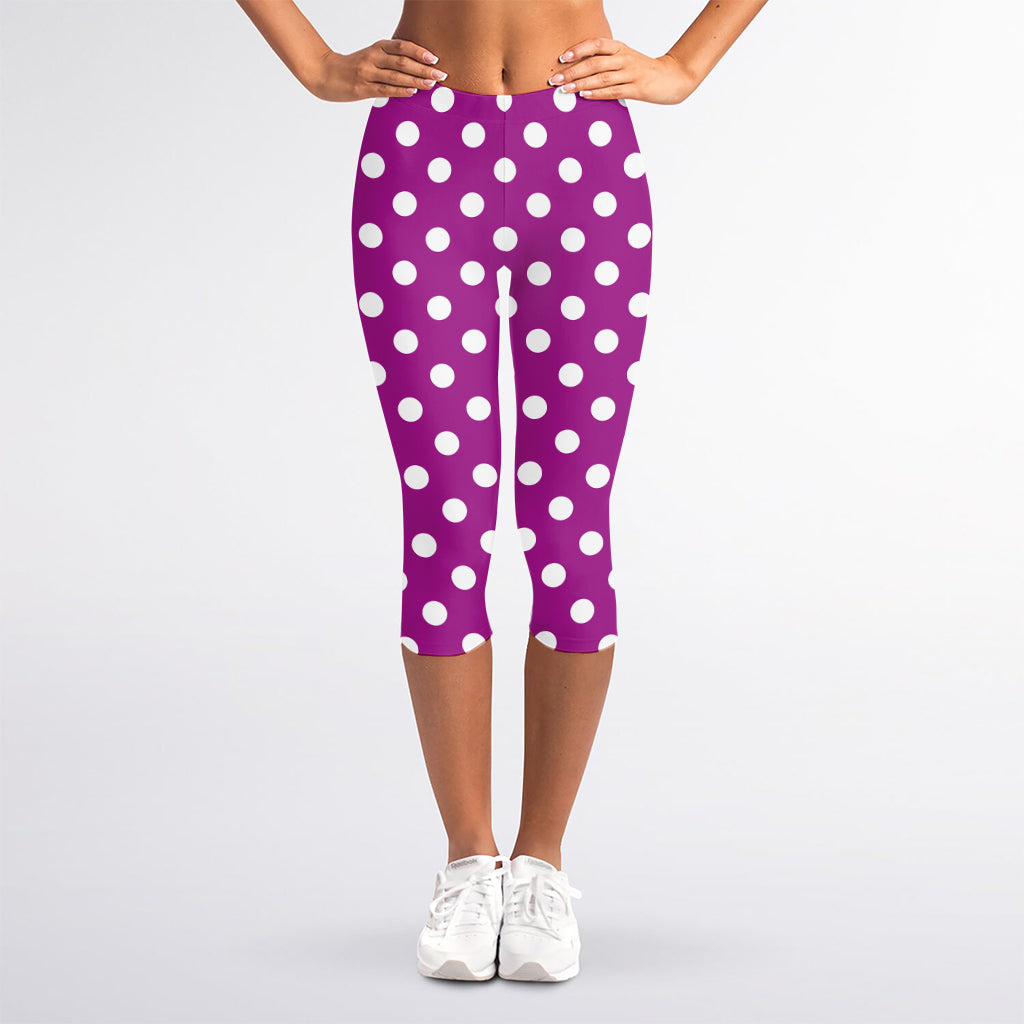 Purple And White Polka Dot Pattern Print Women's Capri Leggings