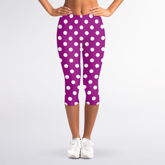 Purple And White Polka Dot Pattern Print Women's Capri Leggings