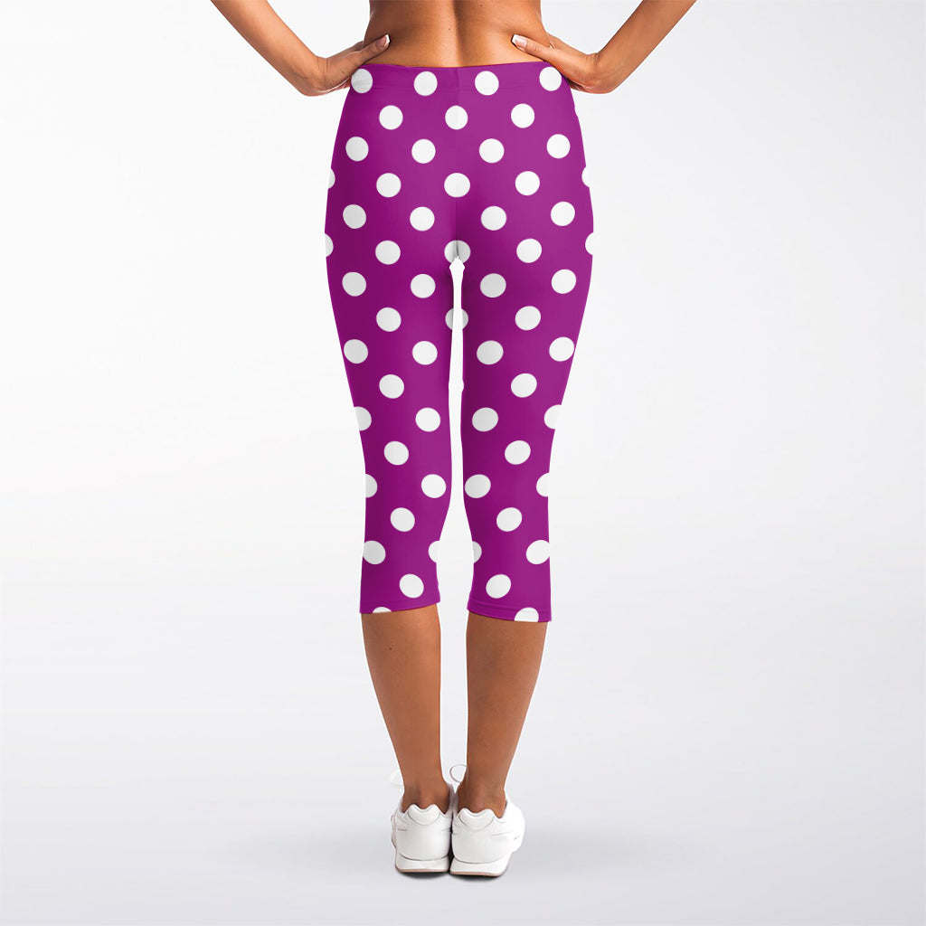 Purple And White Polka Dot Pattern Print Women's Capri Leggings