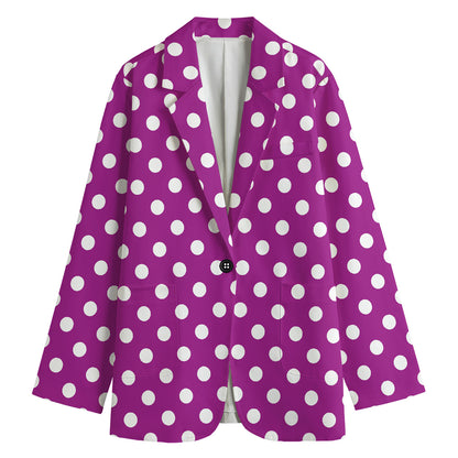 Purple And White Polka Dot Pattern Print Women's Cotton Blazer
