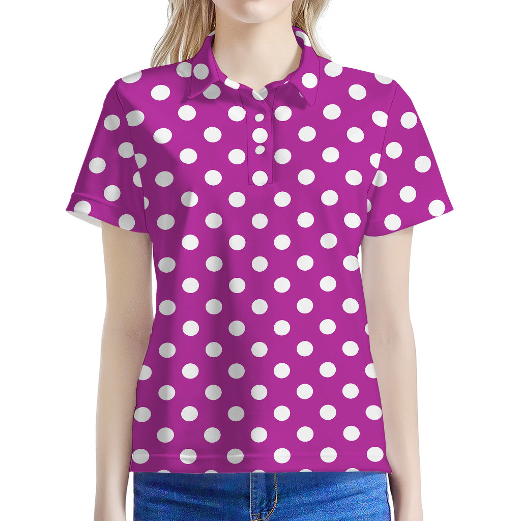 Purple And White Polka Dot Pattern Print Women's Polo Shirt
