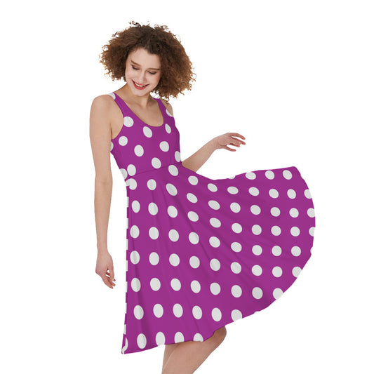 Purple And White Polka Dot Pattern Print Women's Sleeveless Dress