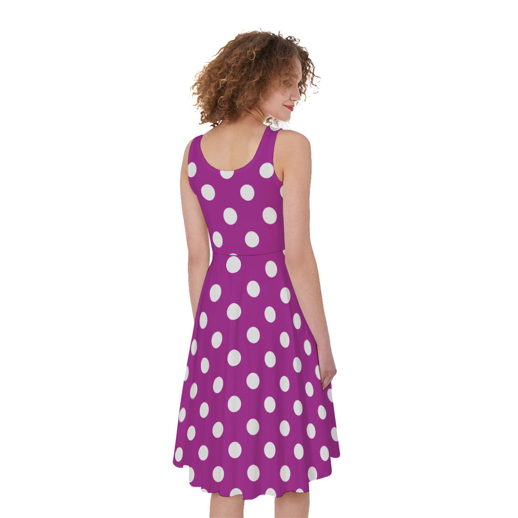 Purple And White Polka Dot Pattern Print Women's Sleeveless Dress