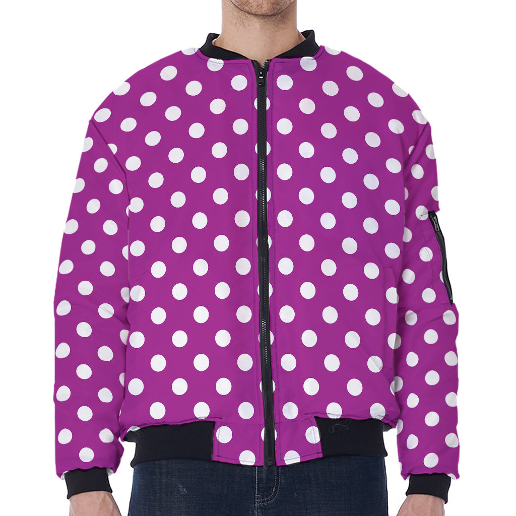 Purple And White Polka Dot Pattern Print Zip Sleeve Bomber Jacket