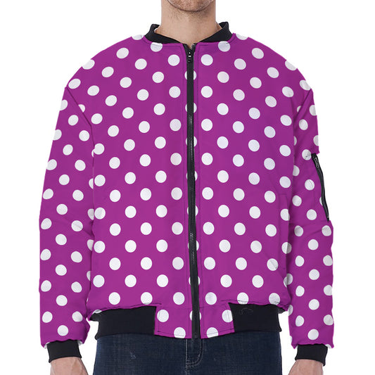 Purple And White Polka Dot Pattern Print Zip Sleeve Bomber Jacket