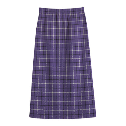 Purple And White Tattersall Print Cotton Front Slit Maxi Skirt