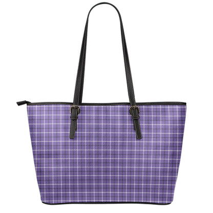 Purple And White Tattersall Print Leather Tote Bag