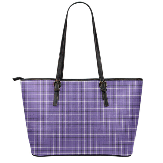 Purple And White Tattersall Print Leather Tote Bag