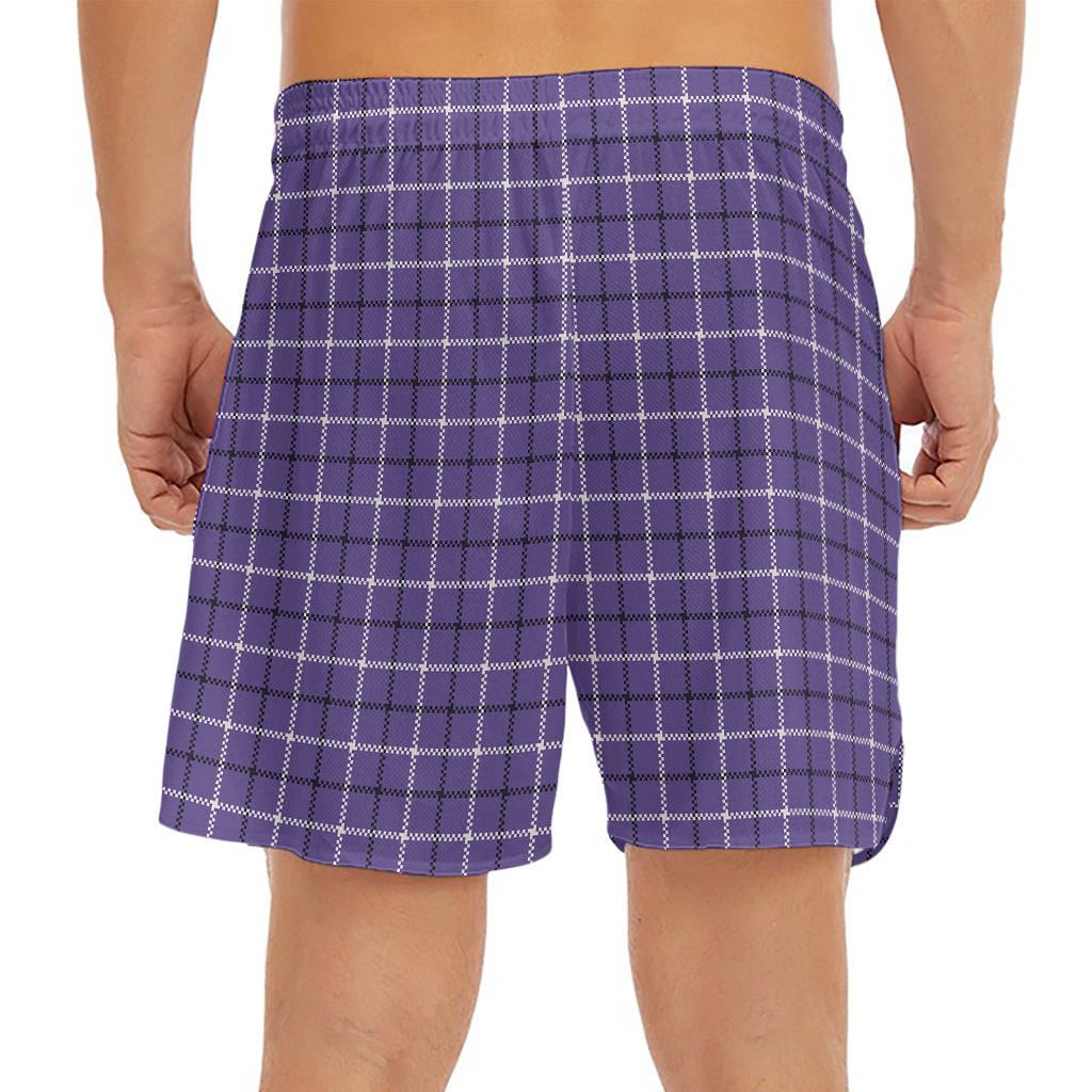 Purple And White Tattersall Print Men's Split Running Shorts