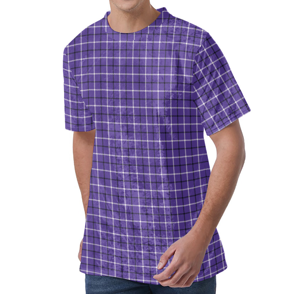 Purple And White Tattersall Print Men's Velvet T-Shirt