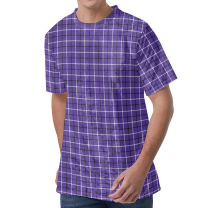 Purple And White Tattersall Print Men's Velvet T-Shirt