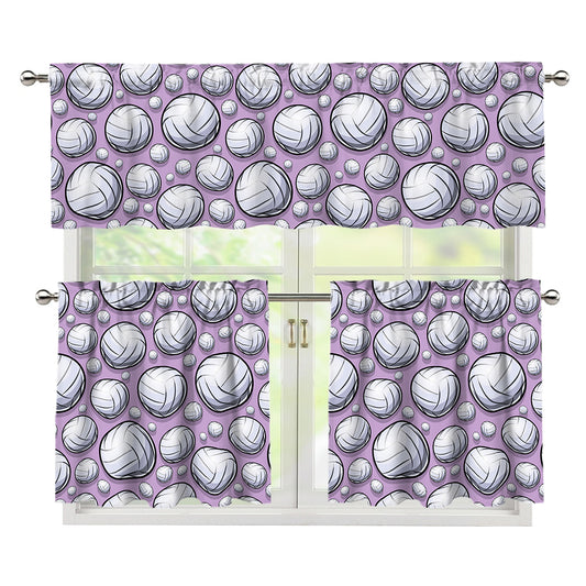 Purple And White Volleyball Print 3 Piece Kitchen Curtains