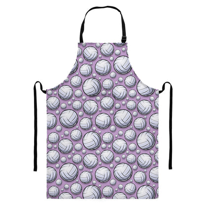 Purple And White Volleyball Print Bib Apron With Pocket
