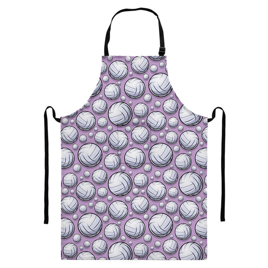 Purple And White Volleyball Print Bib Apron With Pocket
