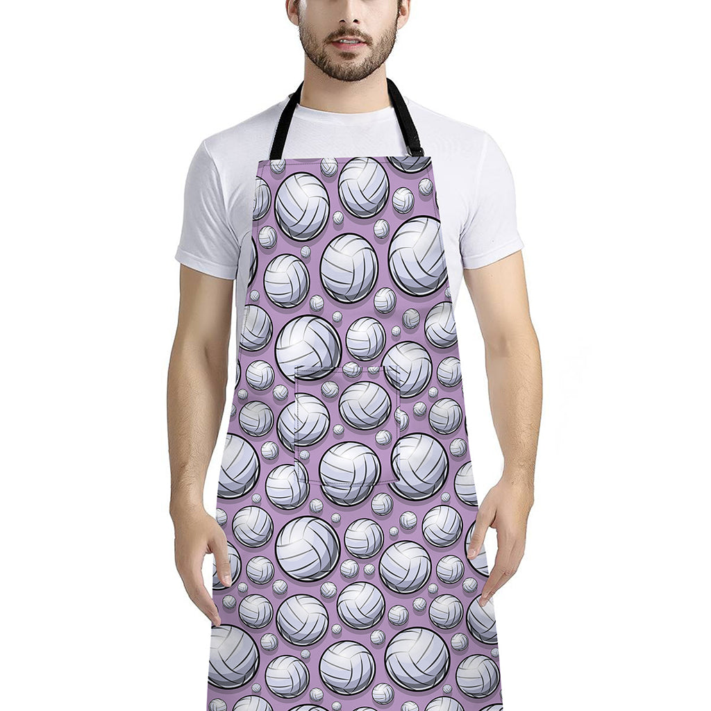 Purple And White Volleyball Print Bib Apron With Pocket